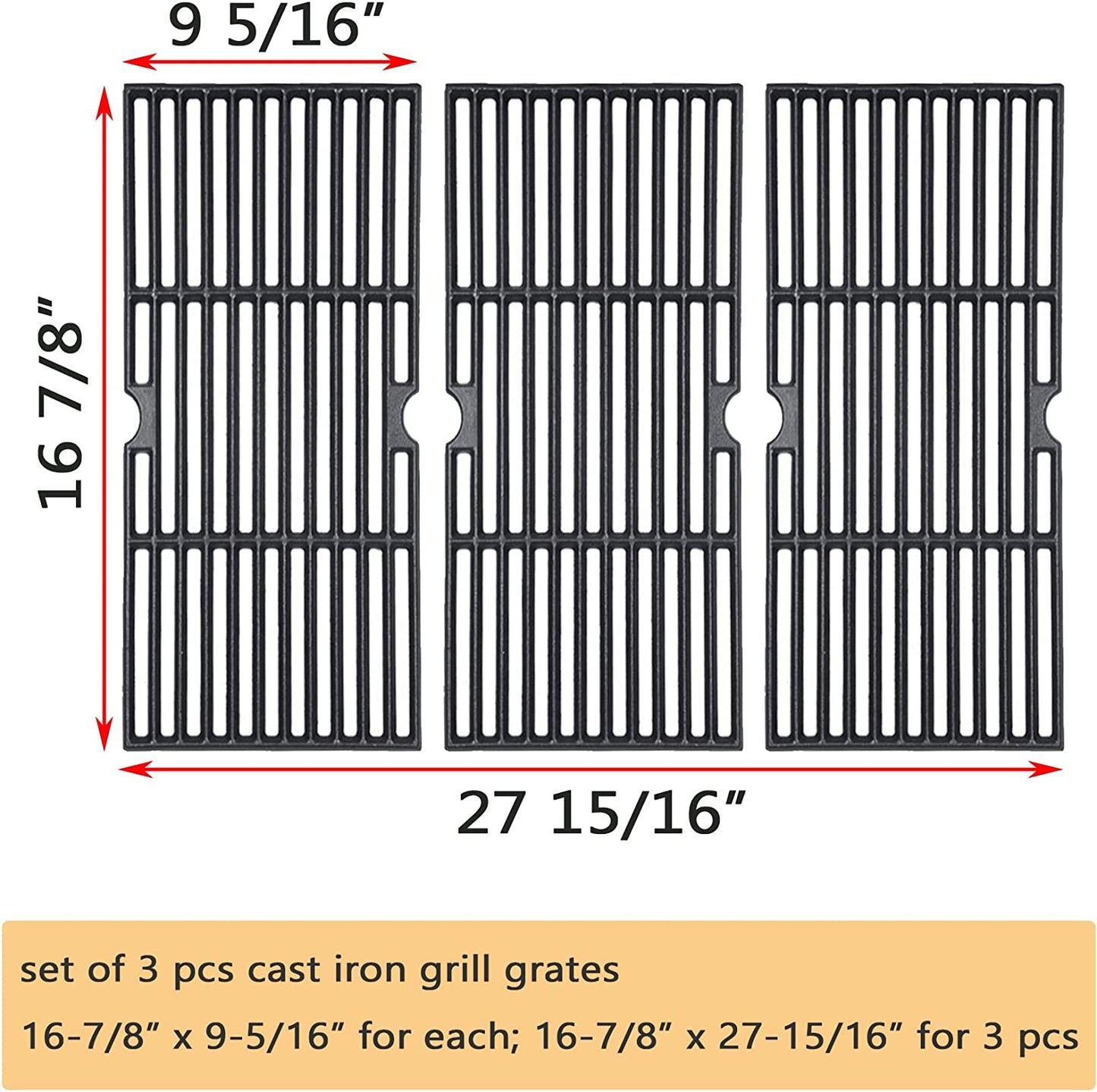 Grill Grates Replace for Charbroil 463420508, 463420509, 463420511 463436213 463436214 463440109, Master Chef, Thermos, Backyard and Others Grills, 16 7/8" Cast Iron Grill Grates(Set of 3)