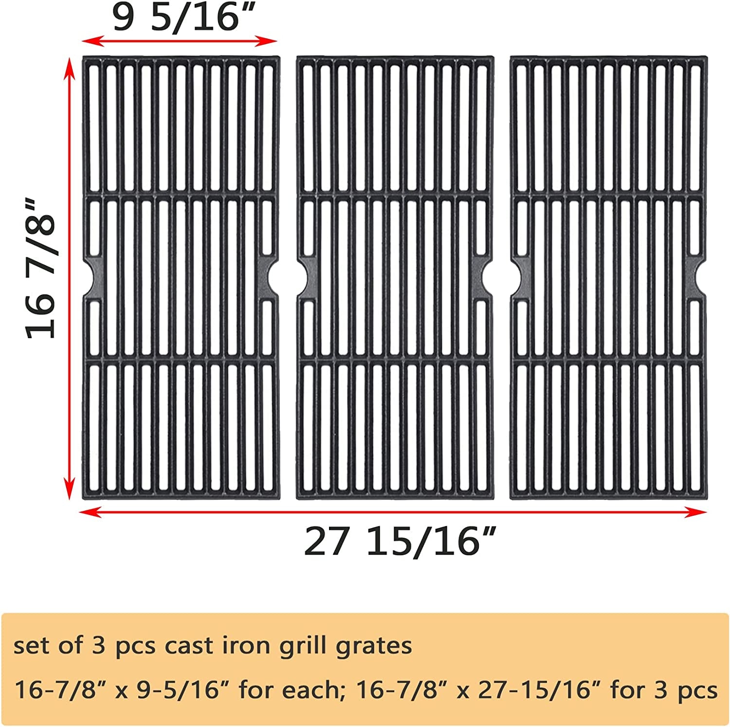 Grill Grates Replace for Charbroil 463420508, 463420509, 463420511 463436213 463436214 463440109, Master Chef, Thermos, Backyard and Others Grills, 16 7/8" Cast Iron Grill Grates(Set of 3)