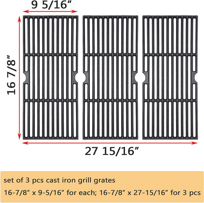 Grill Grates Replace for Charbroil 463420508, 463420509, 463420511 463436213 463436214 463440109, Master Chef, Thermos, Backyard and Others Grills, 16 7/8" Cast Iron Grill Grates(Set of 3)