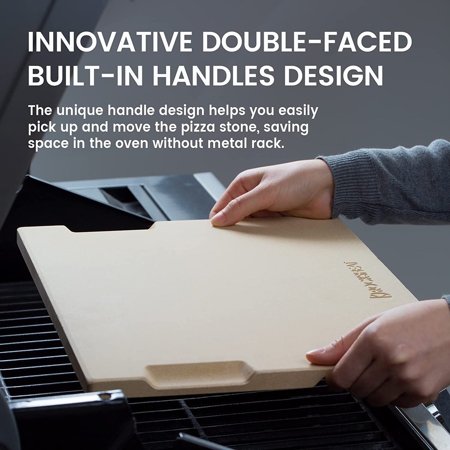 Pizza Stone 12In X 15In Rectangular Baking & Grilling Stone, Perfect for Oven, BBQ and Grill. Innovative Double - Faced Built - in 4 Handles Design