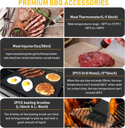 34Pcs Grill Accessories Grilling Gifts for Men, 16 Inches Heavy Duty BBQ Accessories, Stainless Steel Grill Tools with Thermometer, Grill Mats for Backyard, BBQ Gifts Set for Men Women