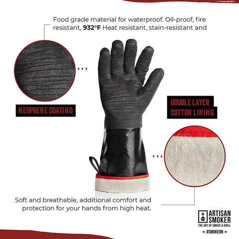 Image of BBQ Gloves Extreme Heat Resistant, Black Grilling Gloves with Breathable Cotton Lining, Waterproof, Fireproof, Oil Resistant Non-Slip, Smoker Grill Gloves, Great for Frying Cooking Oven Pit Barbecue