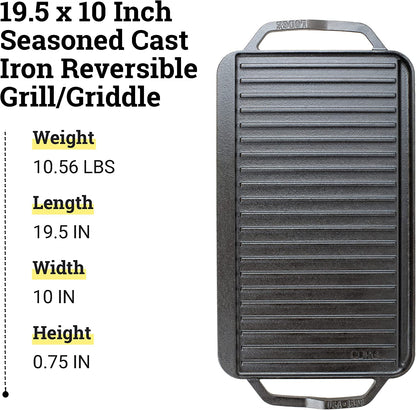 Chef Collection Cast Iron Reversible Grill/Griddle - Cast Iron Flat Griddle & Grill for Stovetop, Oven, Grill, or Open Fire - Double Burner Cast Iron Skillet with Handles