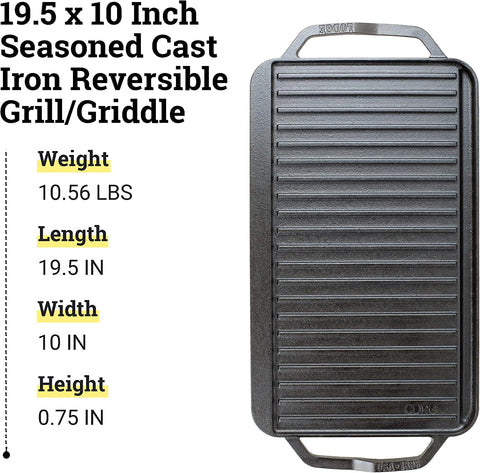 Image of Chef Collection Cast Iron Reversible Grill/Griddle - Cast Iron Flat Griddle & Grill for Stovetop, Oven, Grill, or Open Fire - Double Burner Cast Iron Skillet with Handles