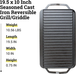 Chef Collection Cast Iron Reversible Grill/Griddle - Cast Iron Flat Griddle & Grill for Stovetop, Oven, Grill, or Open Fire - Double Burner Cast Iron Skillet with Handles
