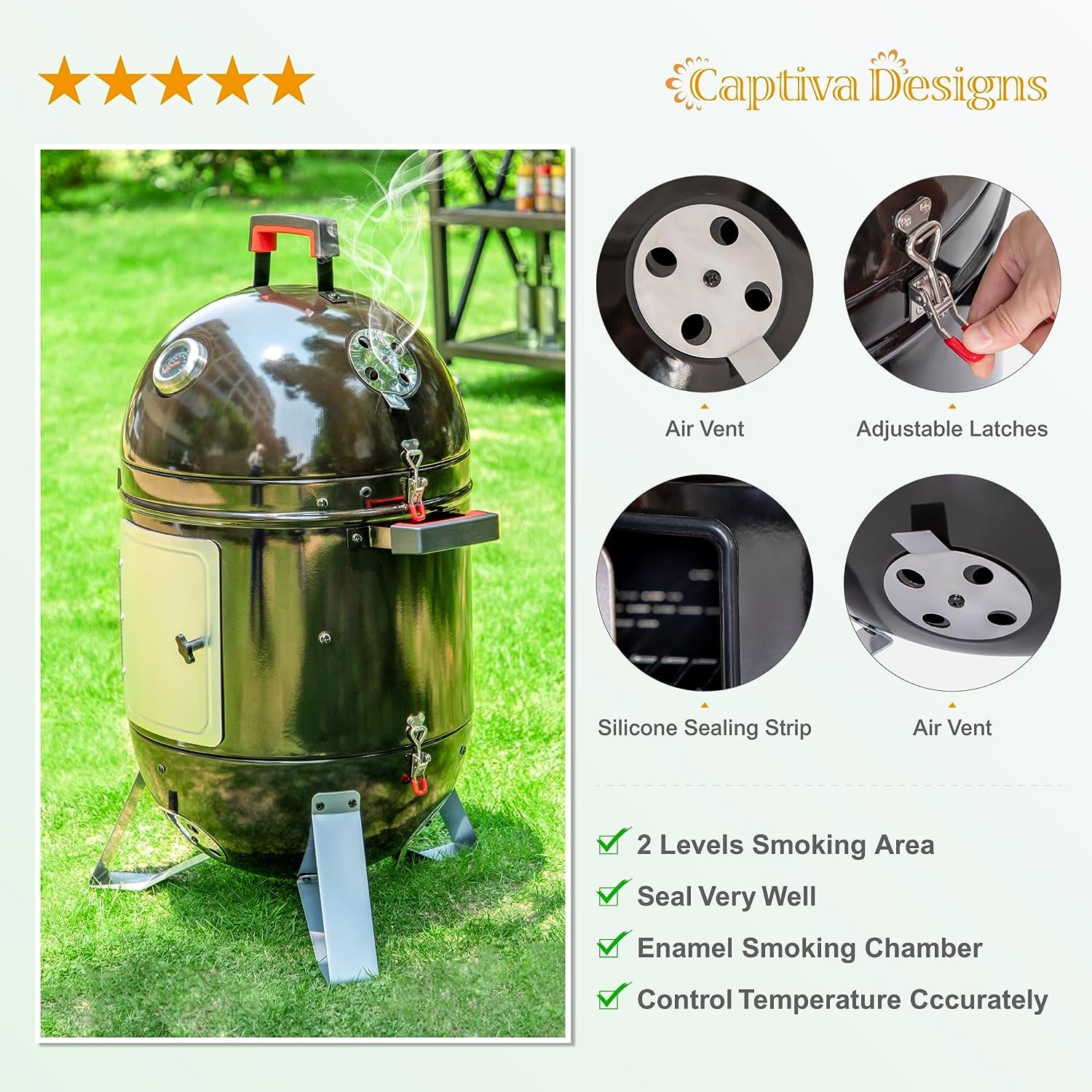 18-Inch Vertical Charcoal Smoker Grill with Porcelain-Enameled Smoking Chamber, Wood Mountain Smoker for Meat Turkey and BBQ, with Built-In Thermometer