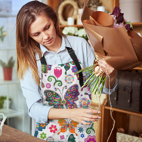 Image of Apron Home Kitchen Cooking Baking Gardening for Women Men with Pockets Floral Colorful Butterflies Flowers Romantic 32X28 Inch