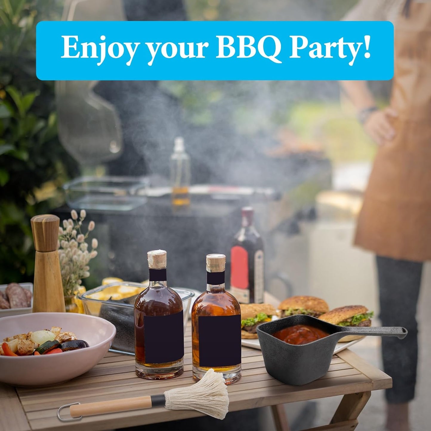 Outspark Cast Iron Pot and BBQ Mop Brush for Sauce,Basting Pot and Grill Mop Brushes,Universal Cookware/Grilling Accessories,24 Oz Saucepan,2 Replacement Cotton Mop Heads