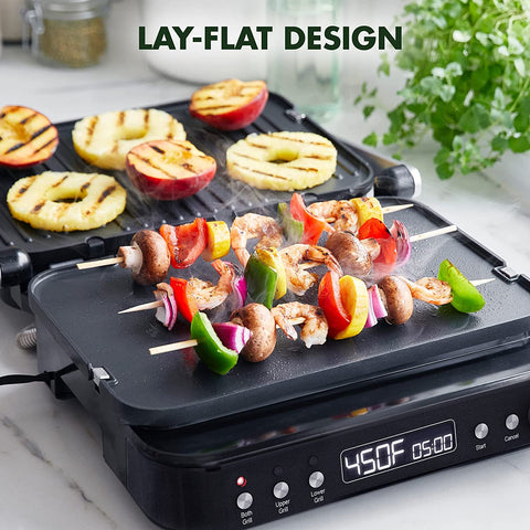 Image of 6-In-1 Multi-Function Contact Grill & Griddle, Healthy Ceramic Nonstick Aluminum, Reversible Grill and Griddle Plates, Dual Heating Options, Closed Press/Open Flat Surface, Matte Black