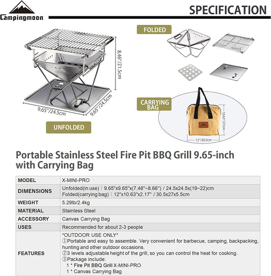 CAMPINGMOON Tabletop Charcoal Grill Small Size Wood Burning Grill and Fire Pit 9.65-Inch Portable Stainless Steel with Carrying Bag X-MINI-PRO