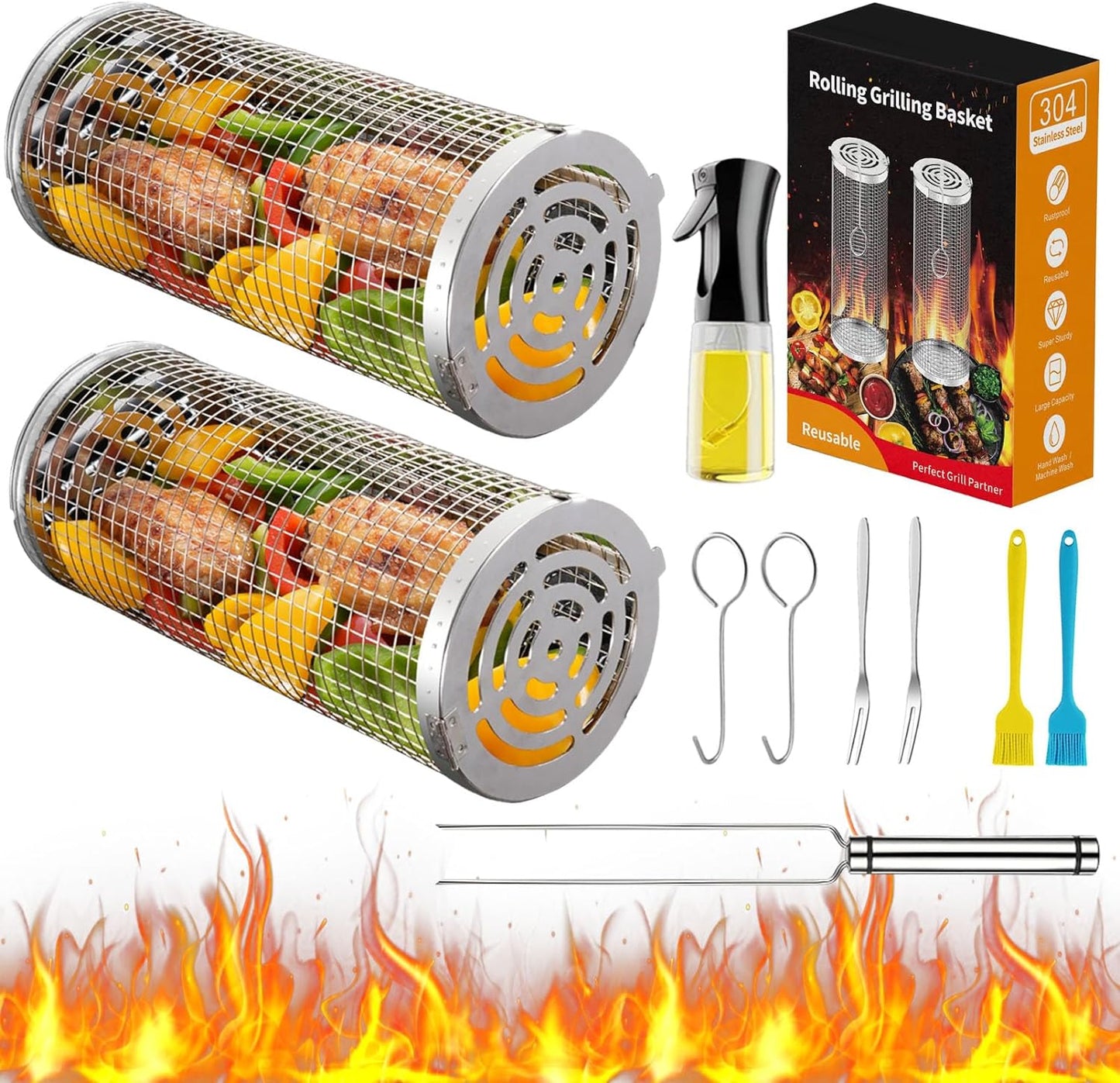 Rolling Grilling Baskets for Outdoor Grill Bbq ，Stainless Steel Grill Mesh Barbeque Grill Accessories,Outdoor round BBQ Stainless Steel Grill Basket Campfire Grill Grid - Camping Picnic Cookware (2Pc-12.2In*3.9In+11.8In*3.5In)