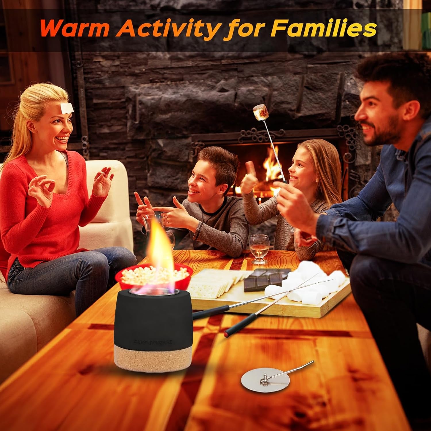 Tabletop Fire Pit, round Concrete Smokeless Smores Fire Pit Table Top as Smores Maker Kit, Dual Burner Cups Rubbing Alcohol Table Top Firepit for Indoor & Patio