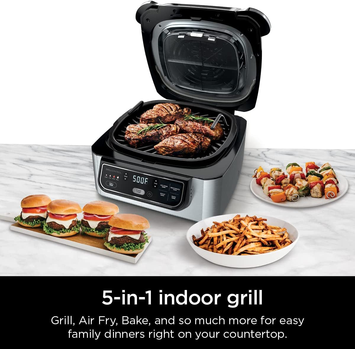 AG301 Foodi 5-In-1 Indoor Electric Grill with Air Fry, Roast, Bake & Dehydrate - Programmable, Black/Silver
