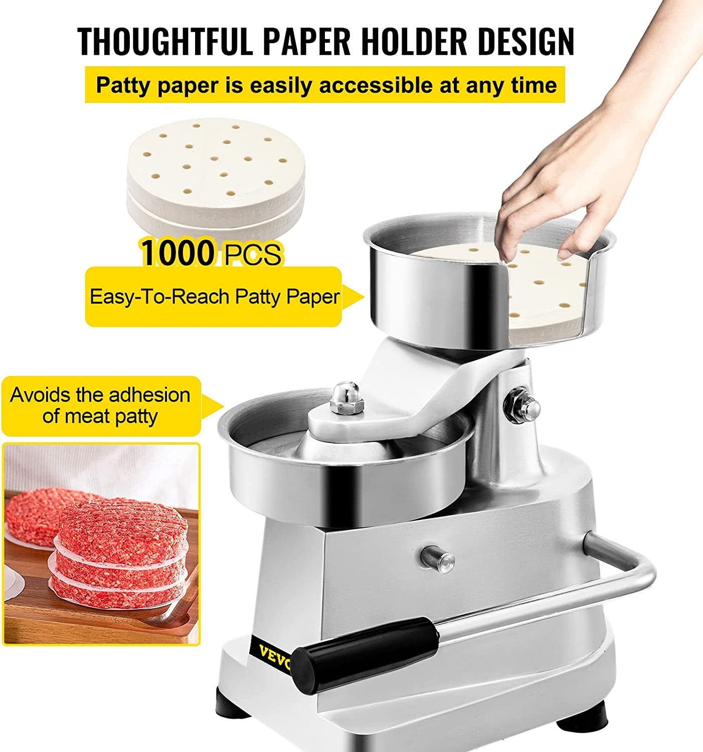 VBENLEM Commercial Hamburger Patty Maker 150Mm/6Inch Stainless Steel Burger Press Heavy Duty Hamburger Press Meat Patty Maker Hamburger Forming Processor with 1000 Pcs Patty Papers