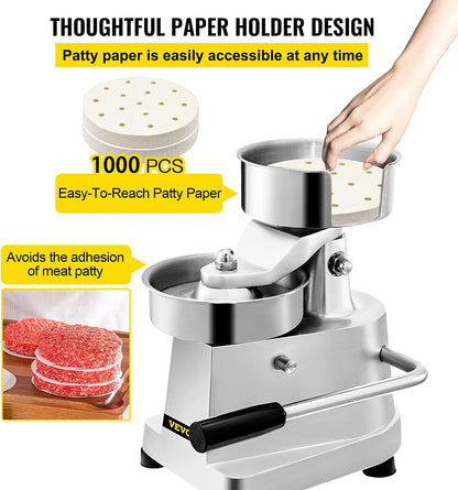 VBENLEM Commercial Hamburger Patty Maker 150Mm/6Inch Stainless Steel Burger Press Heavy Duty Hamburger Press Meat Patty Maker Hamburger Forming Processor with 1000 Pcs Patty Papers