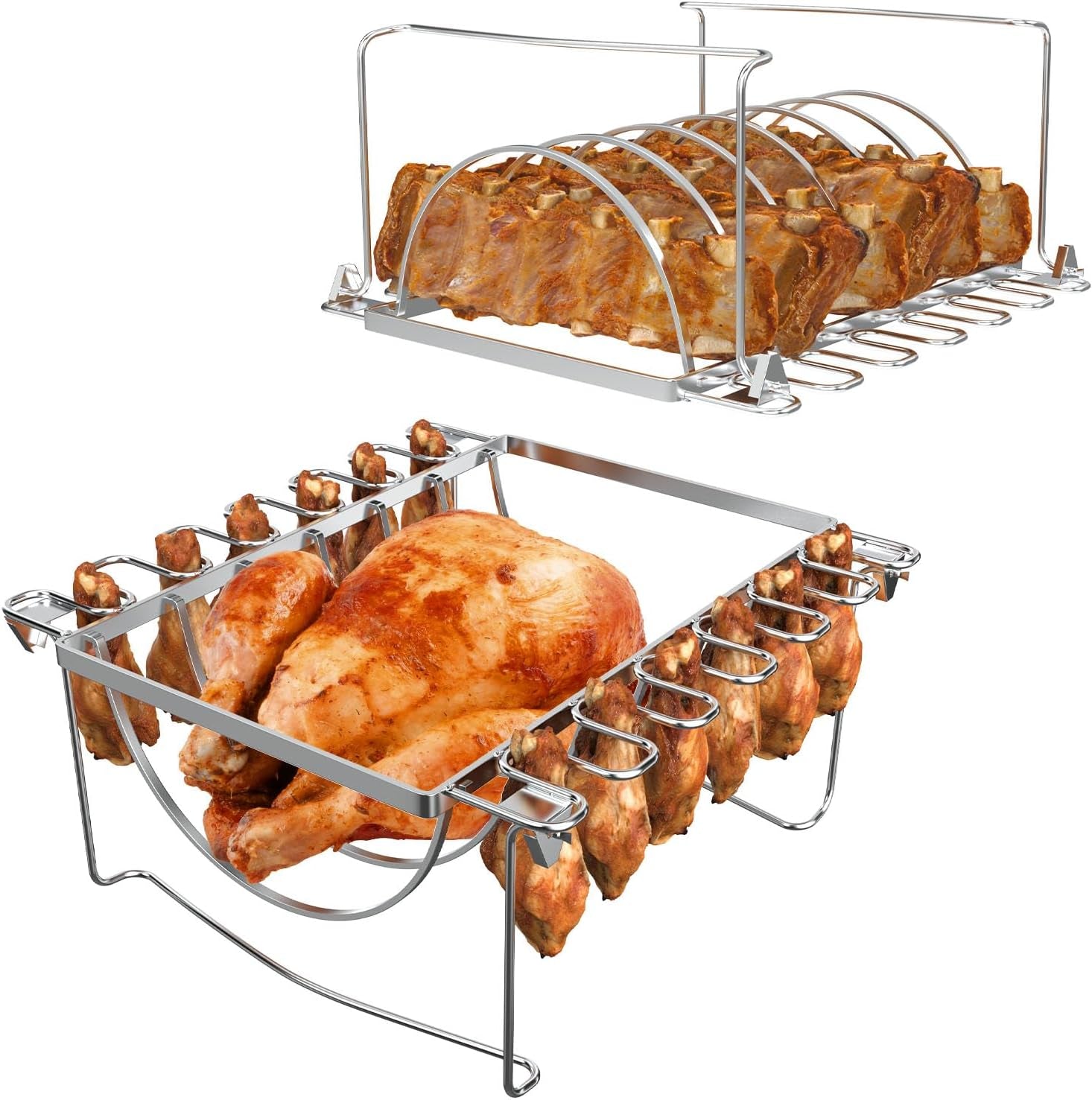 TAILGRILLER 3 in 1 Rib Racks & Chicken Leg Rack for Grill & Smoke, Foldable Roasting Rack, Roast up to 6 Large Ribs, 12 Chicken Leg, 1 Whole Chicken