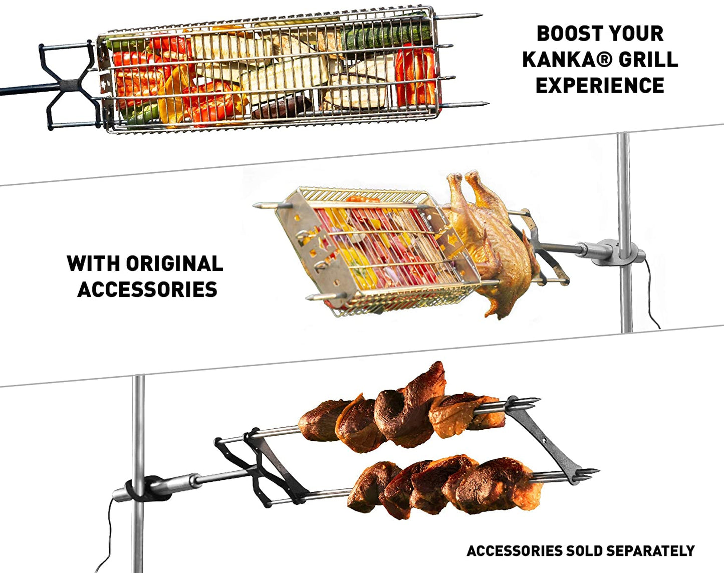 Rotisserie Grill - Heavy Duty Electric Rotisserie Kit for Home, Portable for Camping & Outdoors - Motor Works with 110-240V, AA Batteries or Solar - Stainless Steel, 22 LB Capacity, Bag Included