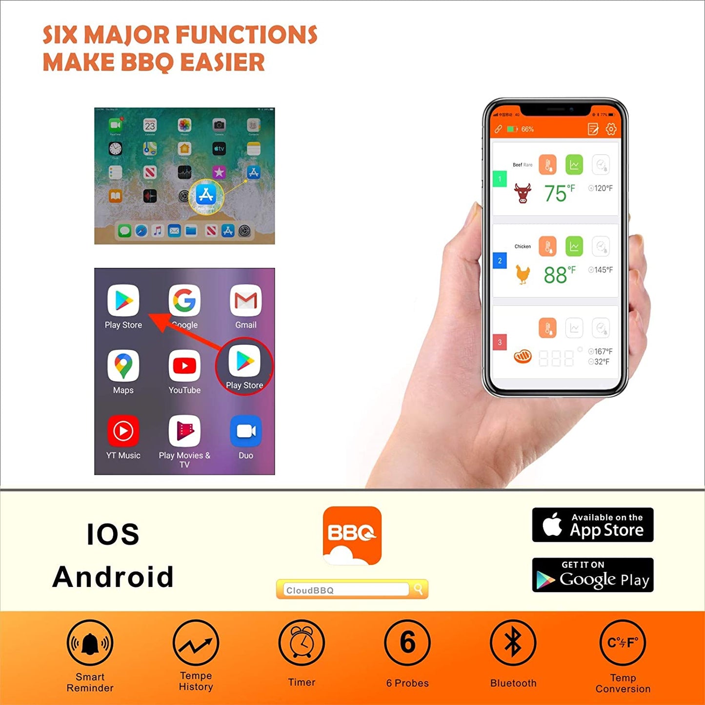 500FT Digital Meat Thermometer Wireless Thermometer with Multy Probes Bluetooth Thermometer Kitchen Thermometer for Smoker Grilling Oven