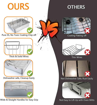 Teamfar Roasting Pan, 15 Inch Large Turkey Roaster Lasagna Pan with V Rack & Cooling Rack Set Stainless Steel for Thanksgiving Christmas, Healthy & Heavy Duty, Deep Side & Dishwasher Safe - 3 PCS