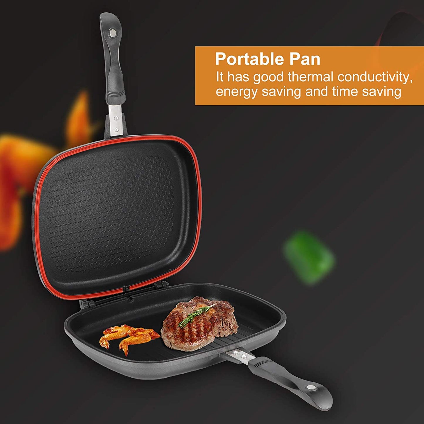 Double-Sided Frying Pan, 32Cm/12.6In BBQ Grill Pan, Double Side Pressure Cooking Grill Pan, Portable Grill Pot for Home Cooking, Anti‑Burn Handle, Grill Cookware Kitchen Supplies