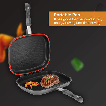Double-Sided Frying Pan, 32Cm/12.6In BBQ Grill Pan, Double Side Pressure Cooking Grill Pan, Portable Grill Pot for Home Cooking, Anti‑Burn Handle, Grill Cookware Kitchen Supplies