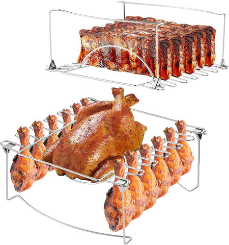 Image of 3-In-1Turkey Roasting Rack Rib Rack for Smoking & Chicken Leg Rack for Oven Grill - Holds 6 Large Ribs, 12 Chicken Leg Wing, 1 Whole Chicken - Premium Foldable Space-Saving Grilling Smoking Accessory