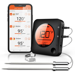 Meat Thermometer Wireless Bluetooth, LCD Digital Meat Thermometer with Dual Probe, Wireless Remote BBQ Thermometer for Smoker Kitchen Cooking Grill Thermometer Timer for Grilling BBQ Oven