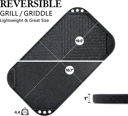 Nonstick Griddle Grill Pan, Pro-Grid Reversible Grill & Griddle Pan, Two Burner Cast Aluminum Griddle, Portable for Indoor Stovetop or Outdoor Camping BBQ, 19.5" X 10.7"