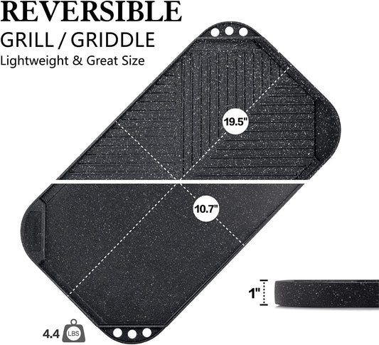 Nonstick Griddle Grill Pan, Pro-Grid Reversible Grill & Griddle Pan, Two Burner Cast Aluminum Griddle, Portable for Indoor Stovetop or Outdoor Camping BBQ, 19.5" X 10.7"