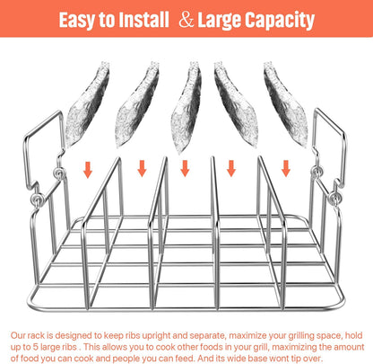 Durable Stainless Steel Rib Rack with a Silicone Oil Brush, BBQ Stand with 2 Handle for Smoker,Oven and Grill, Cook up to 5 Ribs at a Time