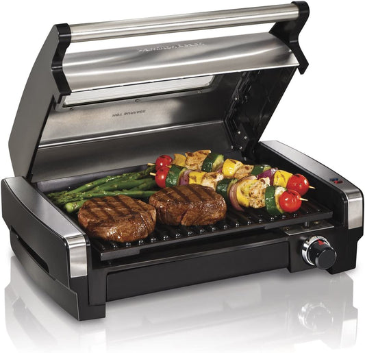 Electric Indoor Searing Grill with Viewing Window & Adjustable Temperature Control to 450F, 118 Sq. In. Surface Serves 6, Removable Nonstick Grate, Stainless Steel