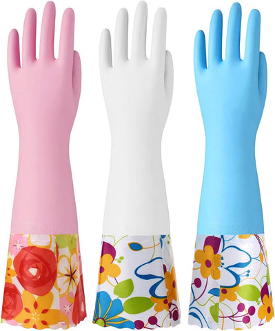 Image of 3 Pairs Rubber Cleaning Gloves, Household Kitchen Dishwashing Gloves with Cotton Flocked Liner, Long Cuff 16", Reusable, Non-Slip (Medium, Blue+Pink+White)