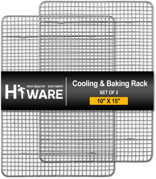 Hiware 2-Pack Cooling Racks for Baking - 10" X 15" - Stainless Steel Wire Cookie Rack Fits Jelly Roll Sheet Pan, Oven Safe for Cooking, Roasting, Grilling