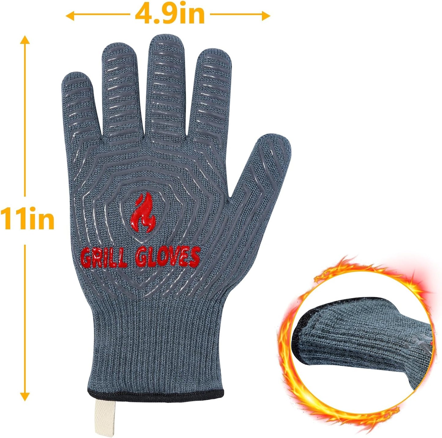 BBQ Gloves, Oven Gloves 1472℉ Extreme Heat Resistant, Grilling Gloves Silicone Non-Slip Oven Mitts, Kitchen Gloves for BBQ, Grilling, Cooking, Baking-1 Pair… (One Size Fits Most, Grey)