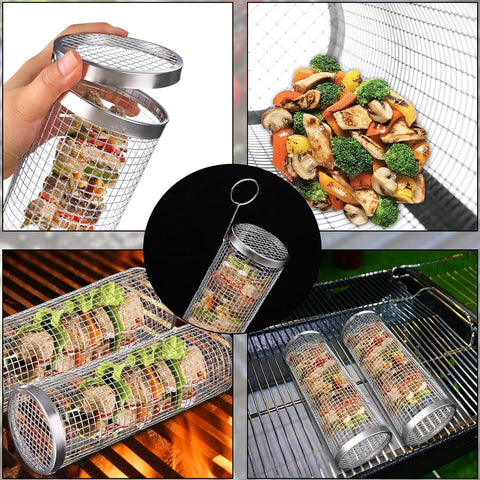 Image of 2 Pack Rolling Grill Basket BBQ Net Tube Stainless Steel BBQ Wire Mesh Cylinder Grilling Basket Portable Outdoor Camping Barbecue Rack for Fish, Shrimp, Meat, Vegetables, Fries, 11.8X3.5 Inch