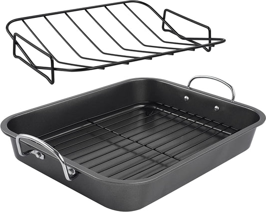 Kitcom Nonstick Roasting Pan, Roaster with Rack - 16 Inch Rectangular Grill Suitable for Turkey, Roast Chicken, Ham, Dishwasher Safe (9.5QT)