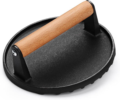 AIVIKI Burger Press, Smash Burger Press for Blackstone Griddle, Heavy Duty Cast Iron round 6.9In Bacon Grill Press with Wood Handle, Meat Steak Weight for Sandwich, Paninis (Round)