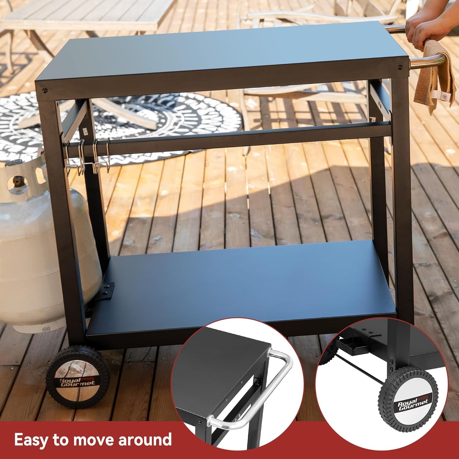Dining Cart Table with Double-Shelf, Movable Steel Flattop Worktable, Hooks, Side Handle, Multifunctional and Commercial PC3401B (Black)