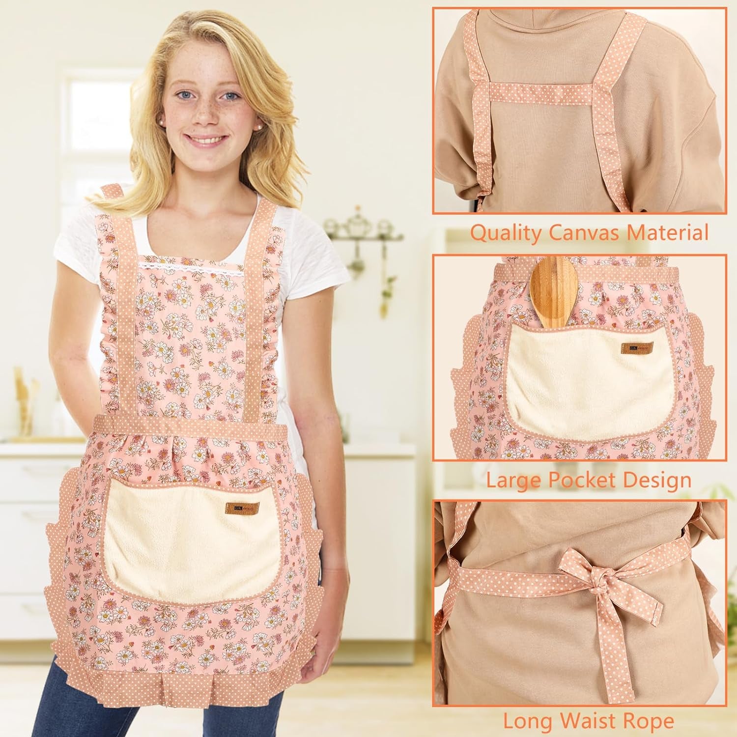 2Pcs Women Aprons with Pockets, Girls Floral Apron with Big Pocket Baking Soft Chef Aprons for Kitchen Cooking Baking