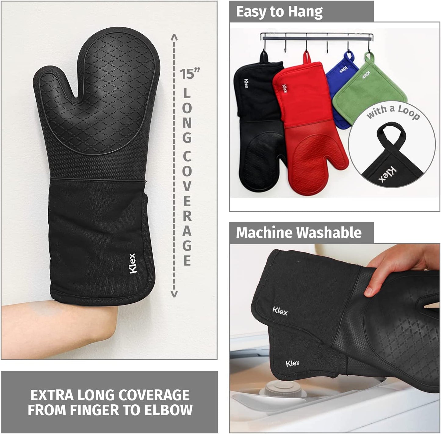 Extra Long Silicone Oven Mitts and Pot Holders, 932°F Degrees Heat Resistance with Quilted Liner Oven Gloves and Hot Pads, 4 Piece Set, 15 Inch, Black