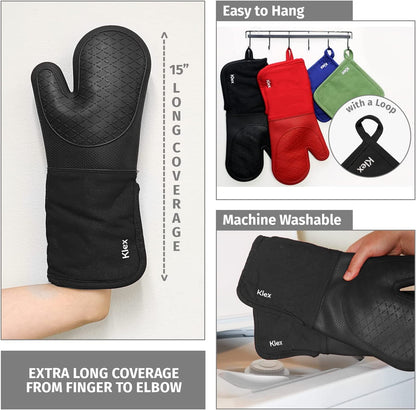 Extra Long Silicone Oven Mitts and Pot Holders, 932°F Degrees Heat Resistance with Quilted Liner Oven Gloves and Hot Pads, 4 Piece Set, 15 Inch, Black