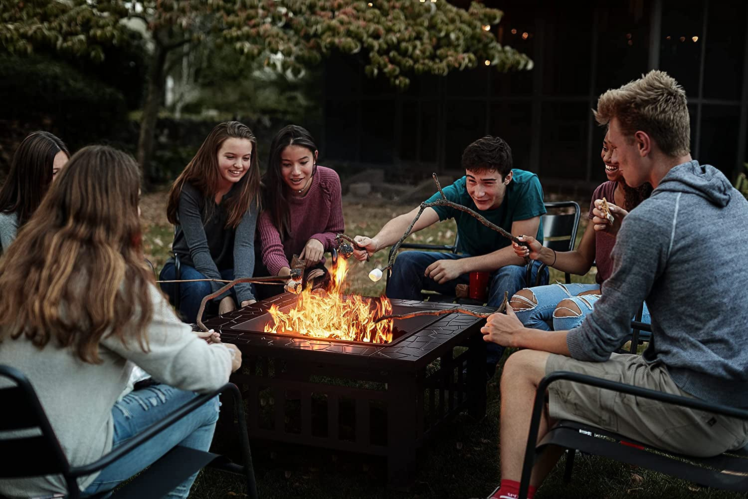 Greesum Multifunctional Patio Fire Pit Table, 32In Square Metal BBQ Firepit Stove Backyard Garden Fireplace with Spark Screen Lid and Rain Cover for Camping, Outdoor Heating, Bonfire and Picnic, Black