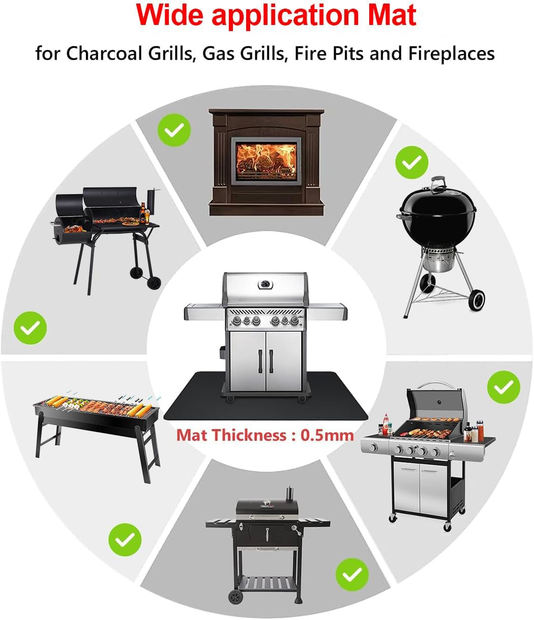 63 X 36'' XXL under Grill Mats for Outdoor Grill Deck Patio Protector, Easy to Clean Fireproof Double-Sided Oil Proof Heat Resistant BBQ Mat, Floor Fireplace Fire Pit Pads Mat (63X36 Inch)