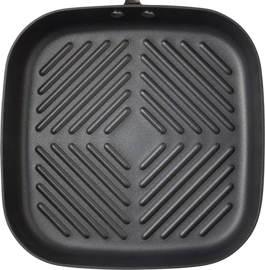 Cucina Hard Anodized Nonstick Grill/Deep Square Griddle Pan, 11 Inch, Gray with Red Handles