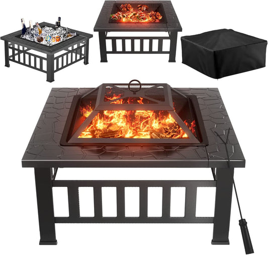 Greesum Multifunctional Patio Fire Pit Table, 32In Square Metal BBQ Firepit Stove Backyard Garden Fireplace with Spark Screen Lid and Rain Cover for Camping, Outdoor Heating, Bonfire and Picnic, Black
