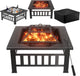 Greesum Multifunctional Patio Fire Pit Table, 32In Square Metal BBQ Firepit Stove Backyard Garden Fireplace with Spark Screen Lid and Rain Cover for Camping, Outdoor Heating, Bonfire and Picnic, Black