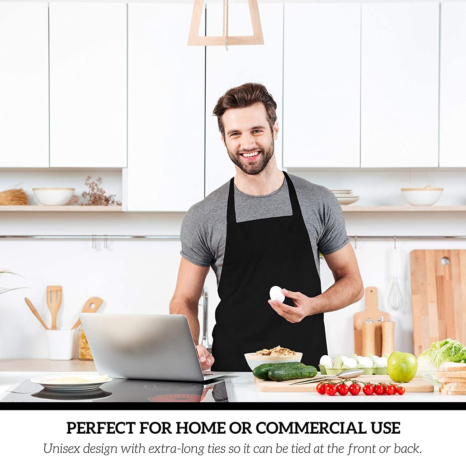 12 Pack Bib Apron - Unisex Black Aprons, Machine Washable Aprons for Men and Women, Kitchen Cooking BBQ Aprons Bulk (Pack of 12, No Pockets, Black)