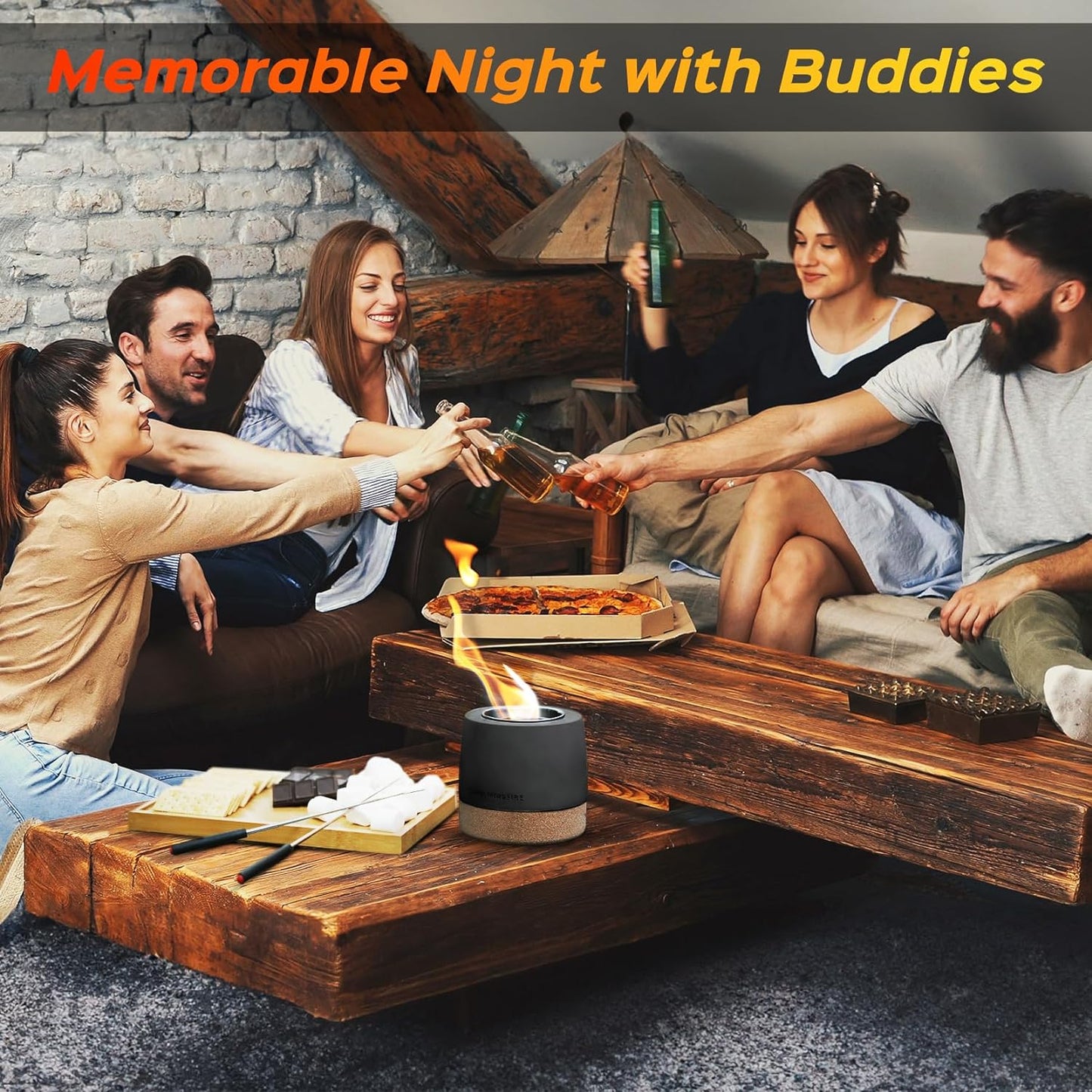 Tabletop Fire Pit, round Concrete Smokeless Smores Fire Pit Table Top as Smores Maker Kit, Dual Burner Cups Rubbing Alcohol Table Top Firepit for Indoor & Patio