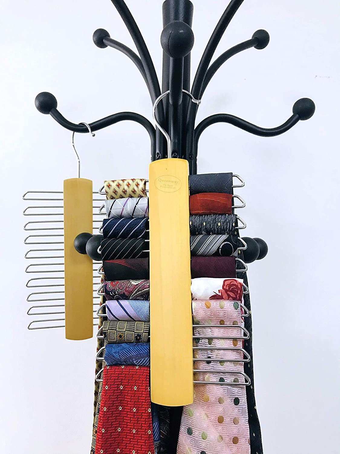 Wood Tie Rack Holder,Premium Wooden Necktie and Belt Hanger,Rotate to Organizer and Storage Rack with Non-Slip Clips Finish 20 Hooks,360Degree Swivel Space Saving Organizer for Men