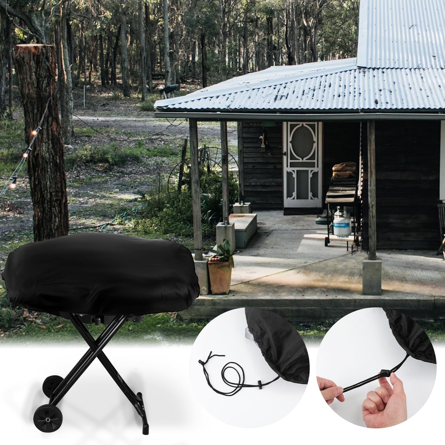 BBQ Grill Cover, Black BBQ Cover Portable Grill Cover Waterproof BBQ Grill Cover Compatible with Coleman Roadtrip LXX, LXE and 285, Adjustable Grill Cover